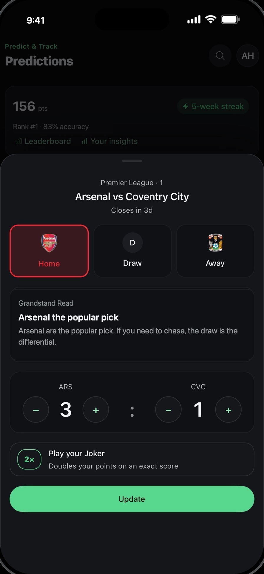 The prediction sheet where you pick an exact score before kickoff