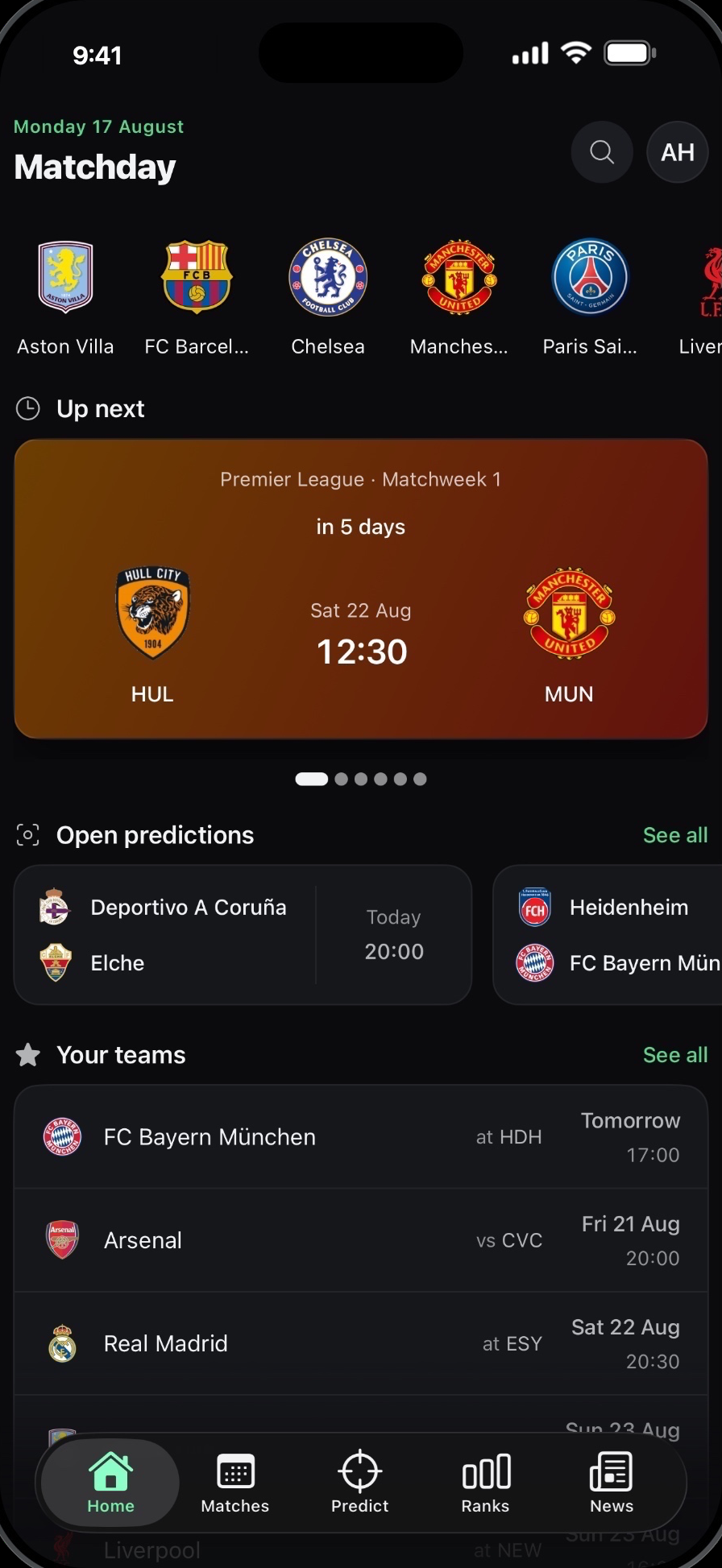 The Grandstand Live matchday home screen showing followed teams, the next fixture and open predictions